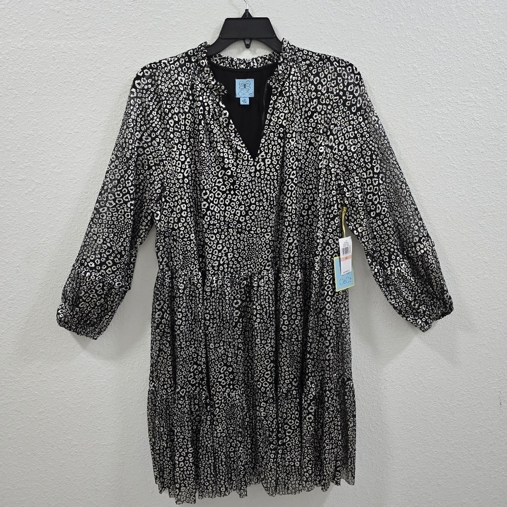CeCe Black and White Metalic Patterned Dress